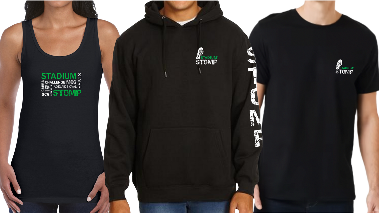 Example Stadium Stomp Merchandise featuring singlet, hoodie and t-shirt